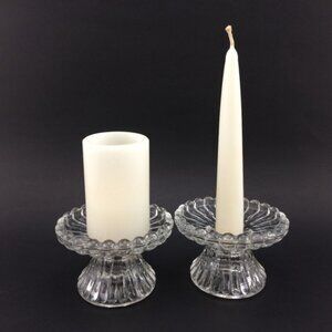 2 Clear Glass Partylite Pedestal Base Candle Holders  For 2 Sizes Taper Pillar